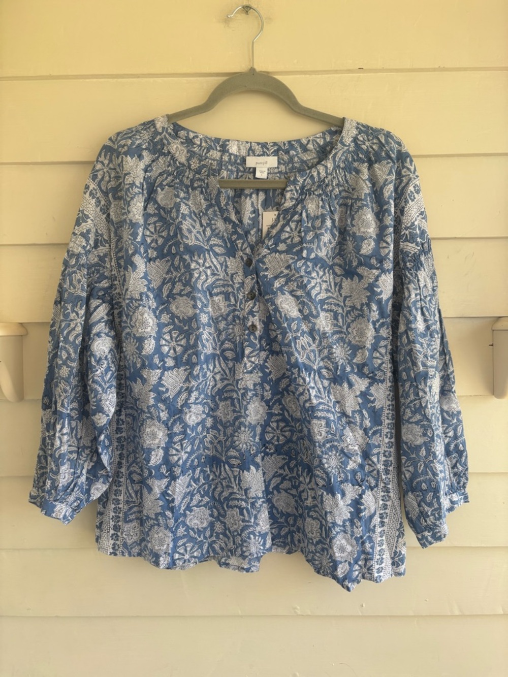 Pure Jill Hand Block Printed Foral 3/4 Sleeve Cotton Top Size Large NWT - Picture 6 of 14